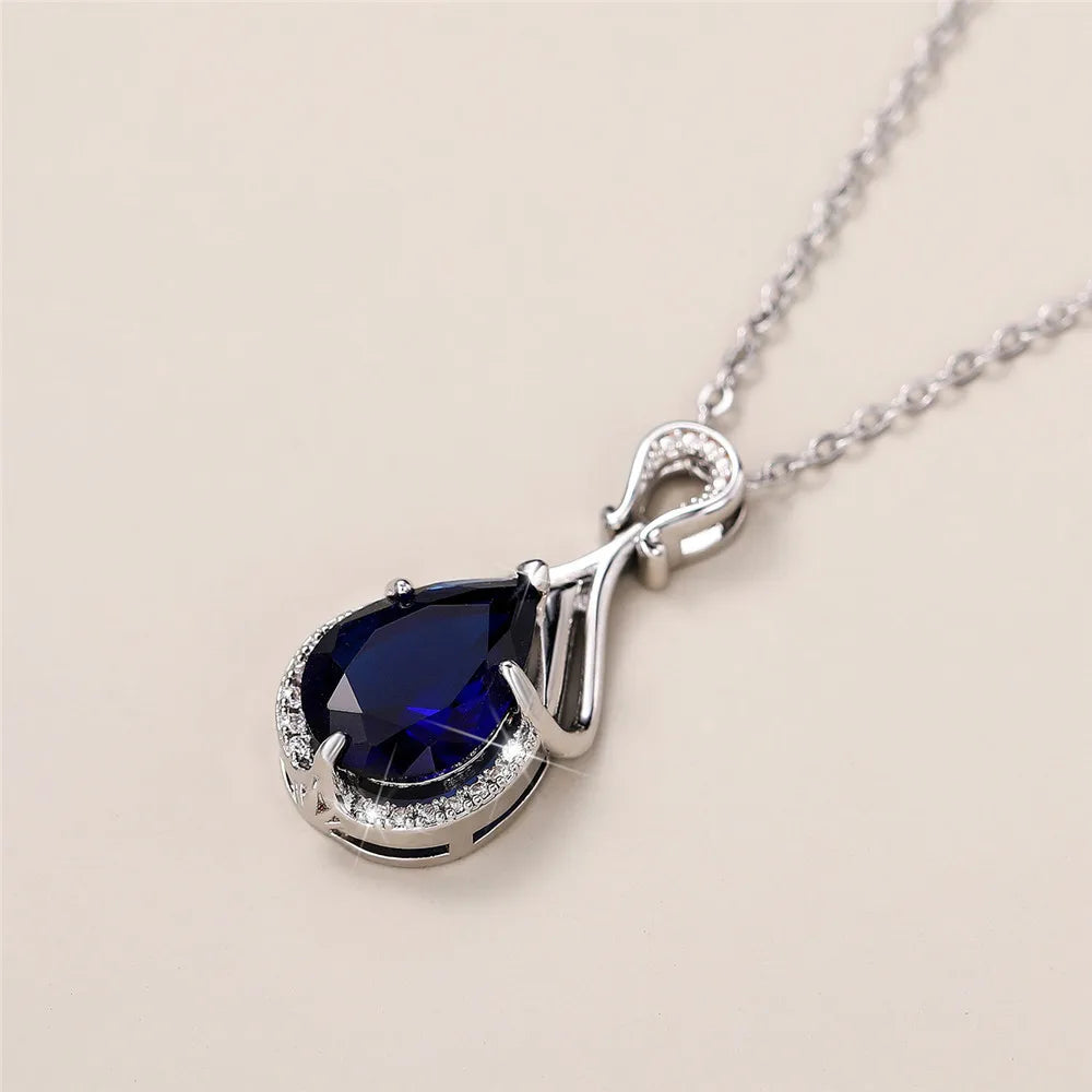 Huitan Blue Water Drop CZ Pendant Necklace for Women