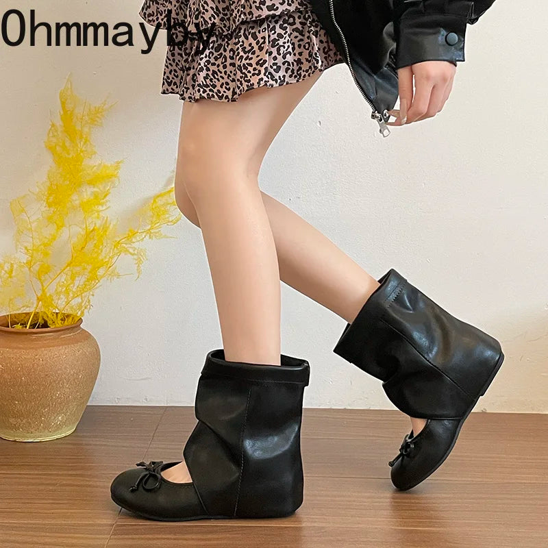 Women's Vintage Suede Mid-Calf Booties Butterfly-Knot Wedge