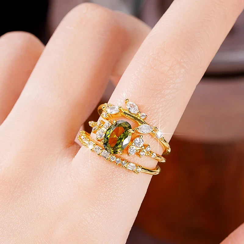 Huitan 3-Piece Olive Green CZ Gold Bridal Ring Set for Women