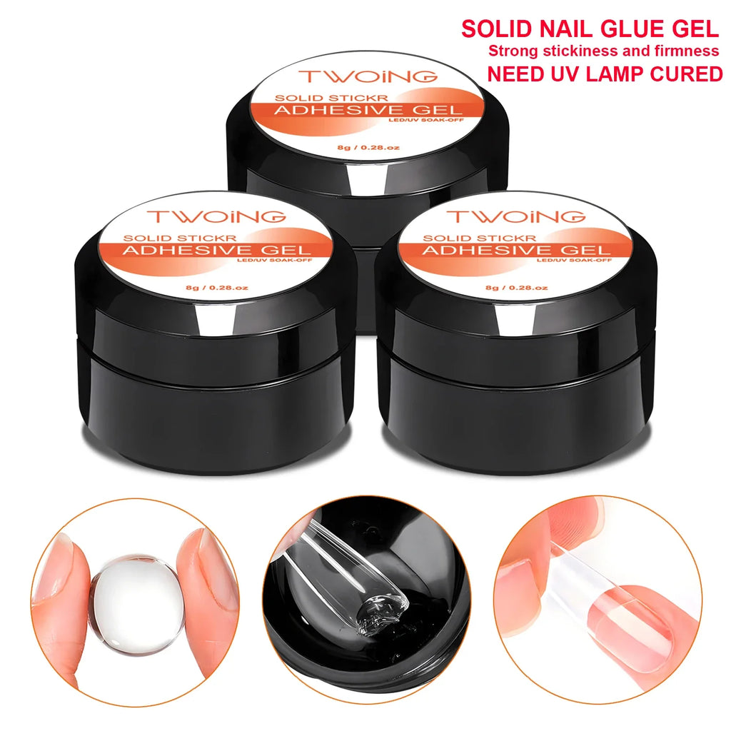 3 Bottles Solid Nail Glue Gel Tips Clear No Wipe Adhesive Rhinestone