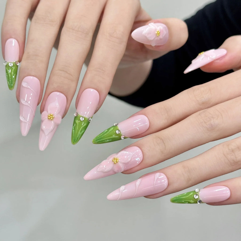 Sweet Pink Almond Press On Nails – 3D Flower French Tips | 10pcs