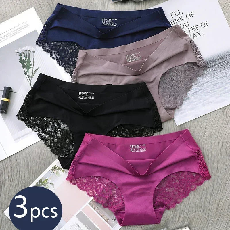 Women's Seamless Lace Briefs 3-Pack – Soft Cotton Low Rise Panties
