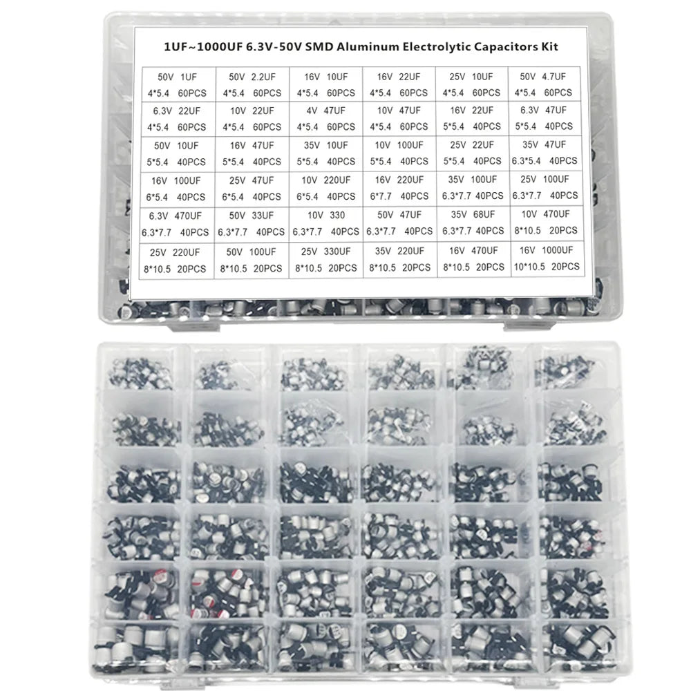1500PCS SMD Electrolytic Capacitor Kit – 36 Values 1µF–1000µF