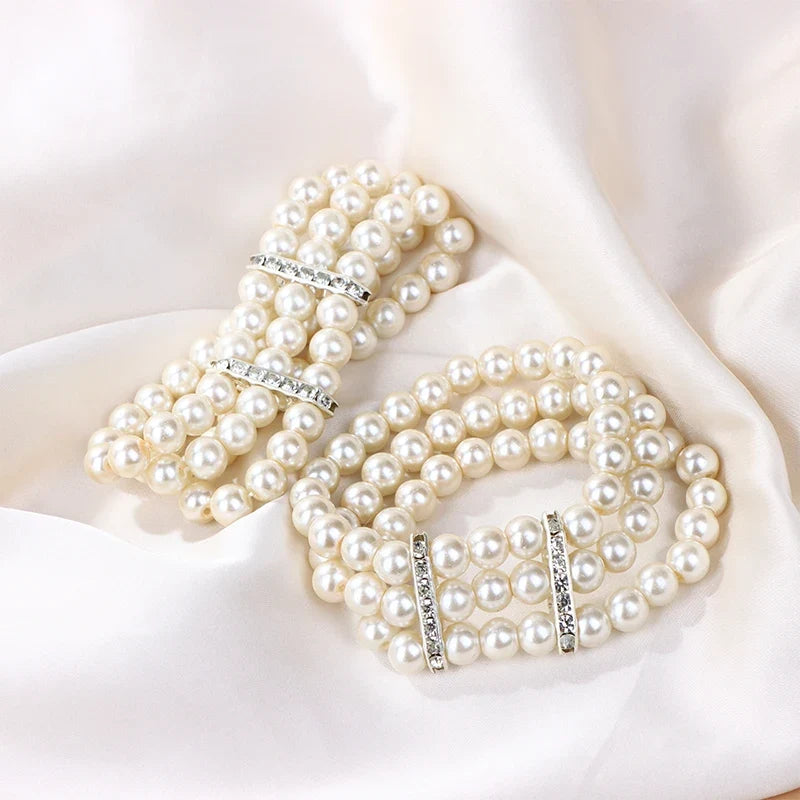 3-Row Pearl Rhinestone Stretch Bracelet | Multilayer Bangle