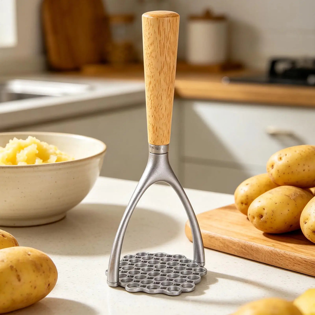 Mashed Potato Masher Double Arc Wooden Handle Kitchen Tool Ricer Food