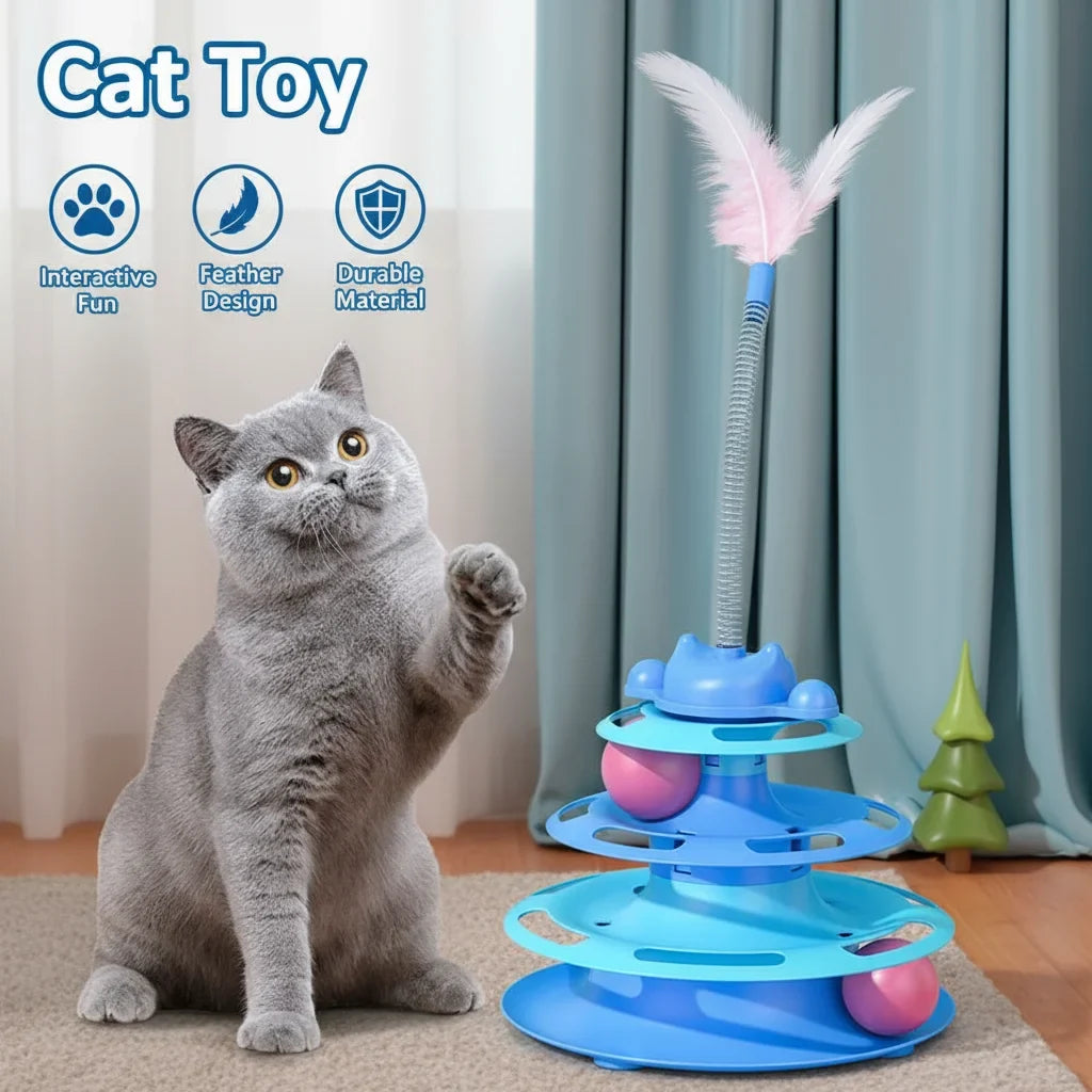 3-Layer Rotating Ball Tower Feather Cat Toy – Interactive Fun