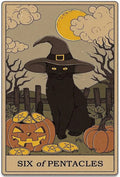 Six of Pentacles Black Cat Tarot Tin Sign | Retro Metal Wall Art
