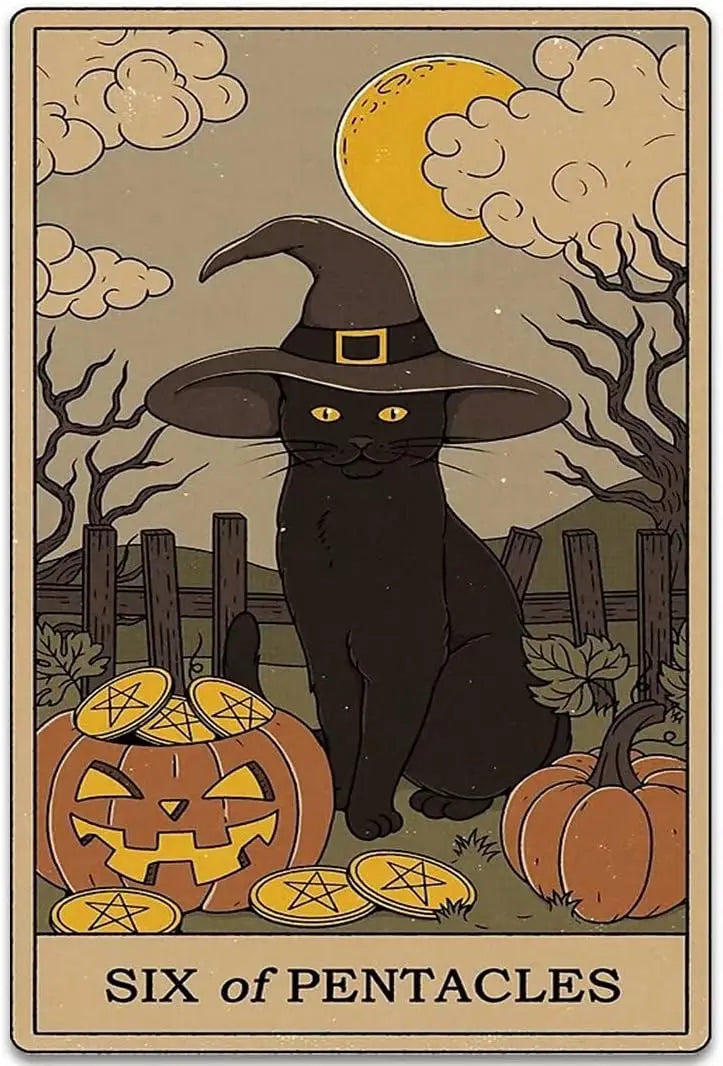 Six of Pentacles Black Cat Tarot Tin Sign | Retro Metal Wall Art