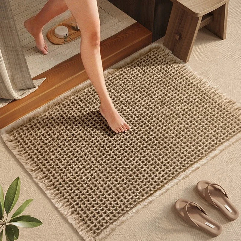 Linen Woven Doormat Bath Mat Waffle Design Quick Drying Absorbent