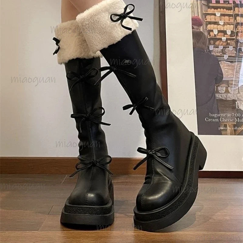 Women's Mid-Calf Zip Boots – Butterfly-Knot PU Leather Booties