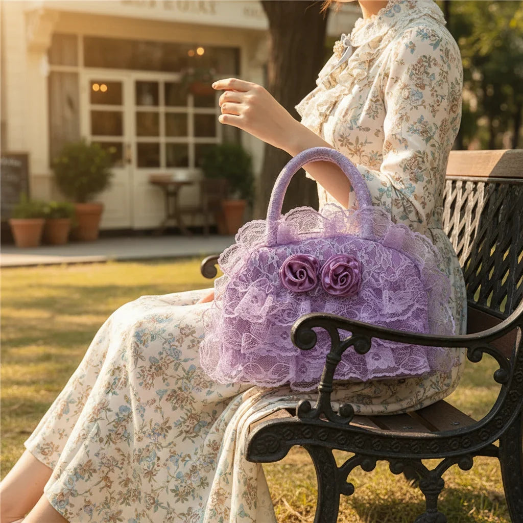 Women's Retro Vintage Handbag with Lace Ruffle Trim
