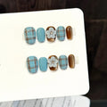 Velvet Cat's Eye Press On Nails | 3D Flower Green Brown Plaid Y2K