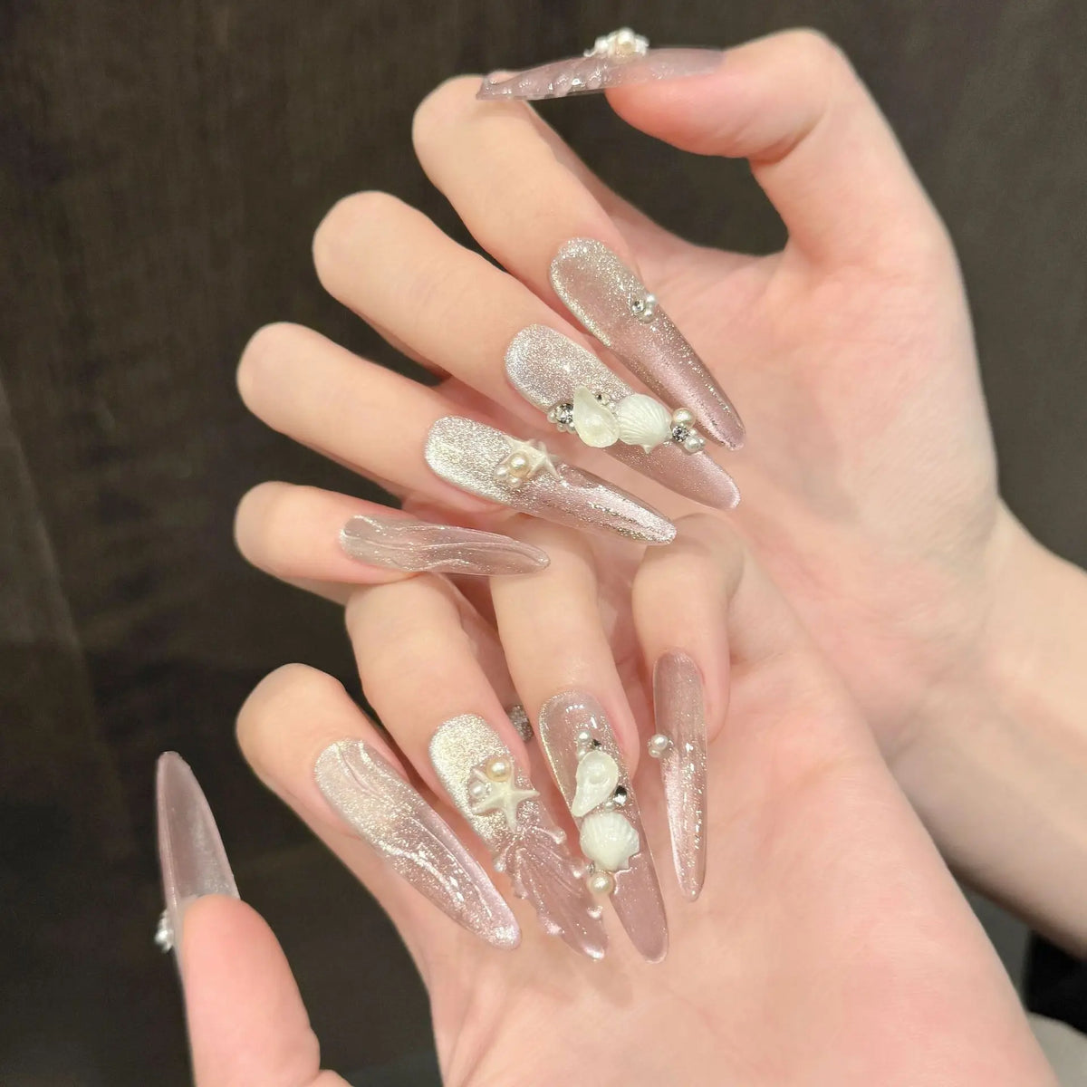 Handmade Long Oval Press On Nails – Gradient Pink Cat Eye