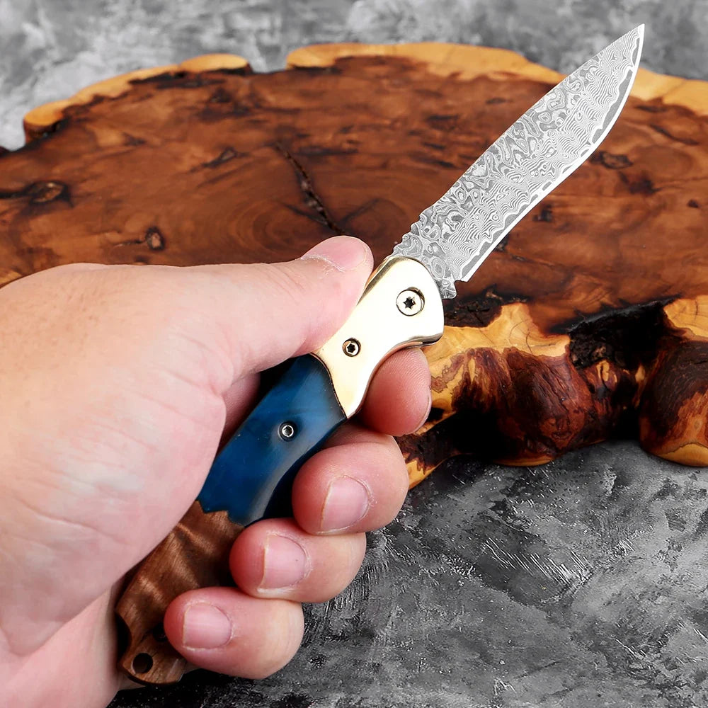 Damascus Steel Folding Knife – Rosewood & Resin Handle | EDC