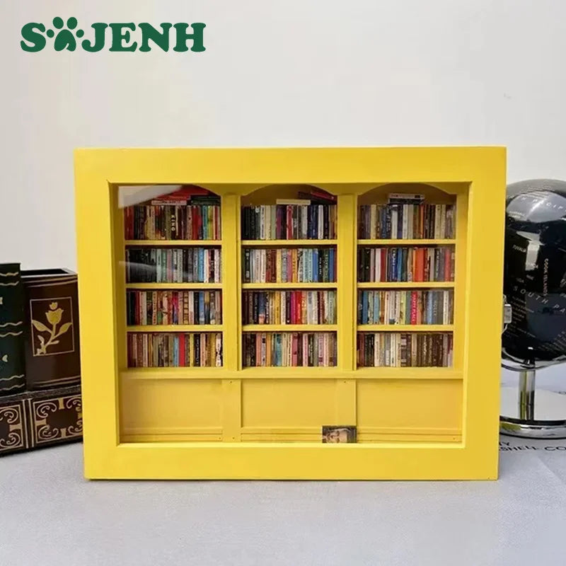 Miniature Wooden Bookshelf Ornament with 200 Mini Books