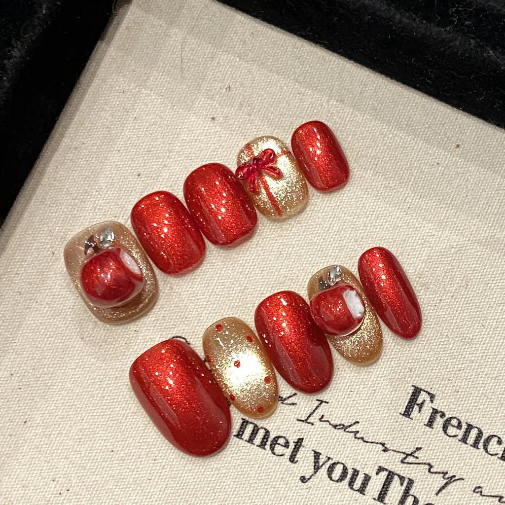 Christmas Press-On Nails Red Apple Cat Eye Design | 10pcs
