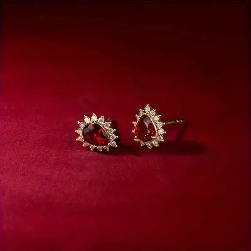 Huitan Red Cubic Zirconia Water Drop Stud Earrings Women