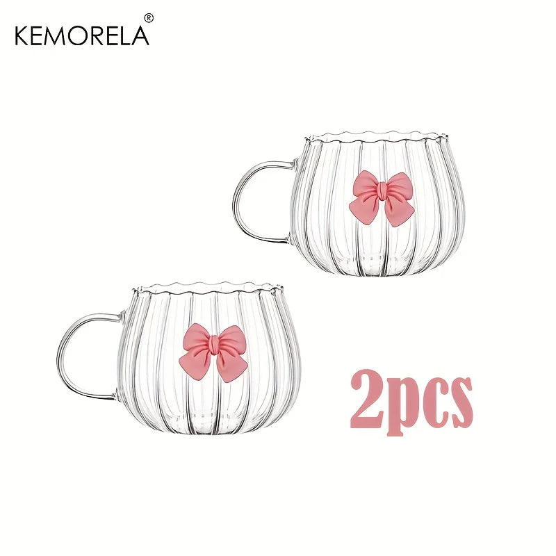 Glass Pumpkin Coffee Mugs with Pink Bows & Handles | 1-2 Pack