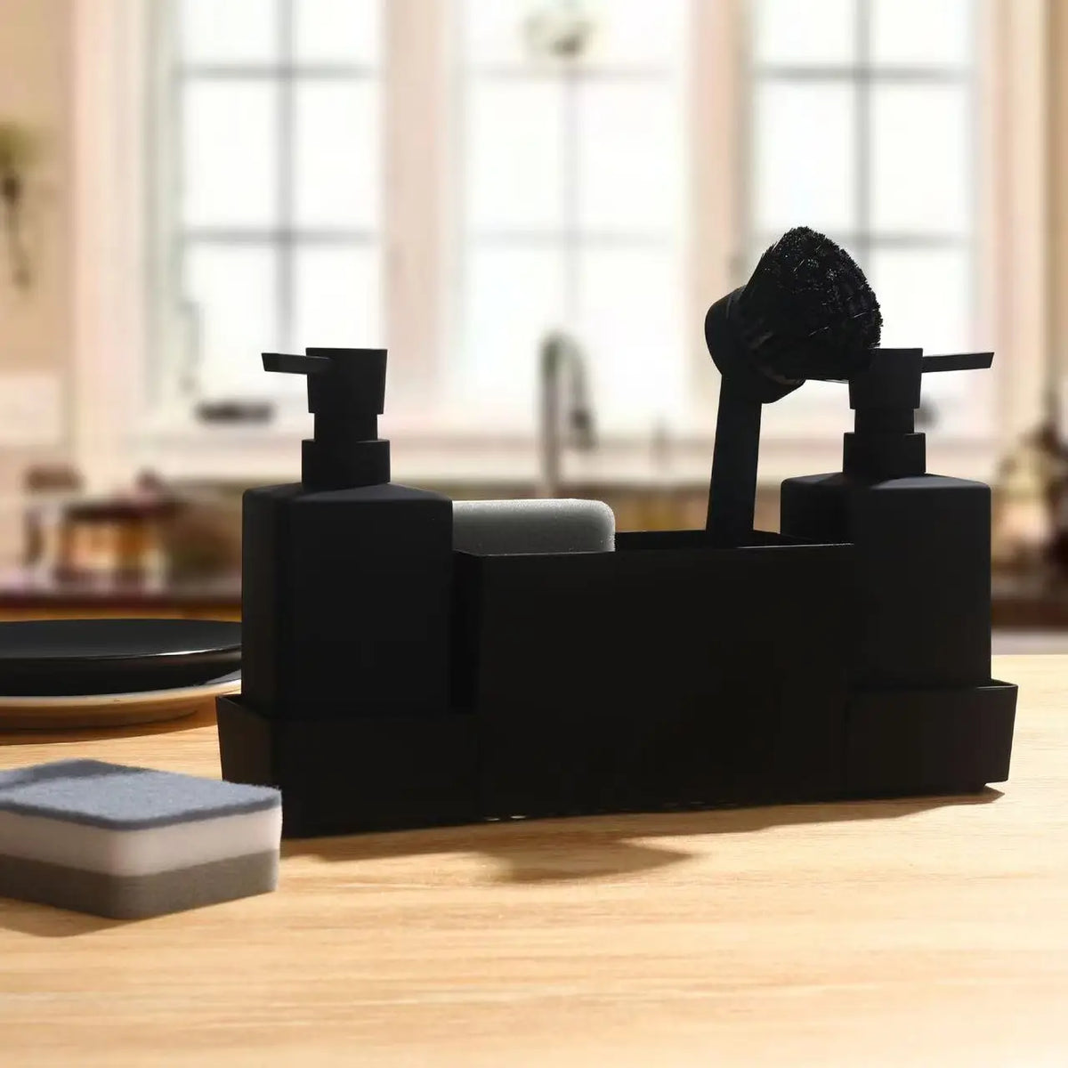 Kitchen Soap Dispenser Set | Sponge Holder, Brush & Tray