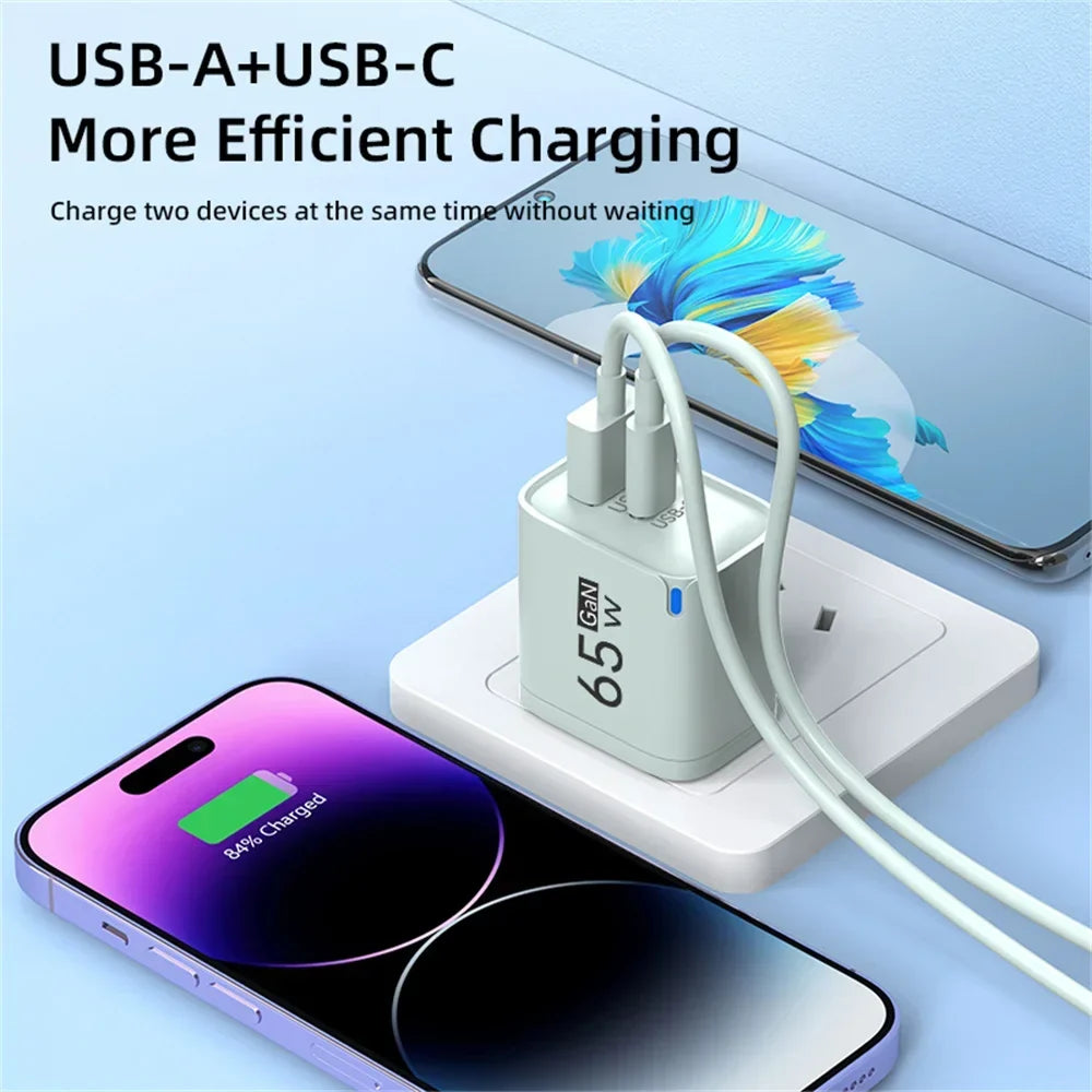65W GaN 3-Port USB-C Fast Charger PD & QC 3.0 Adapter