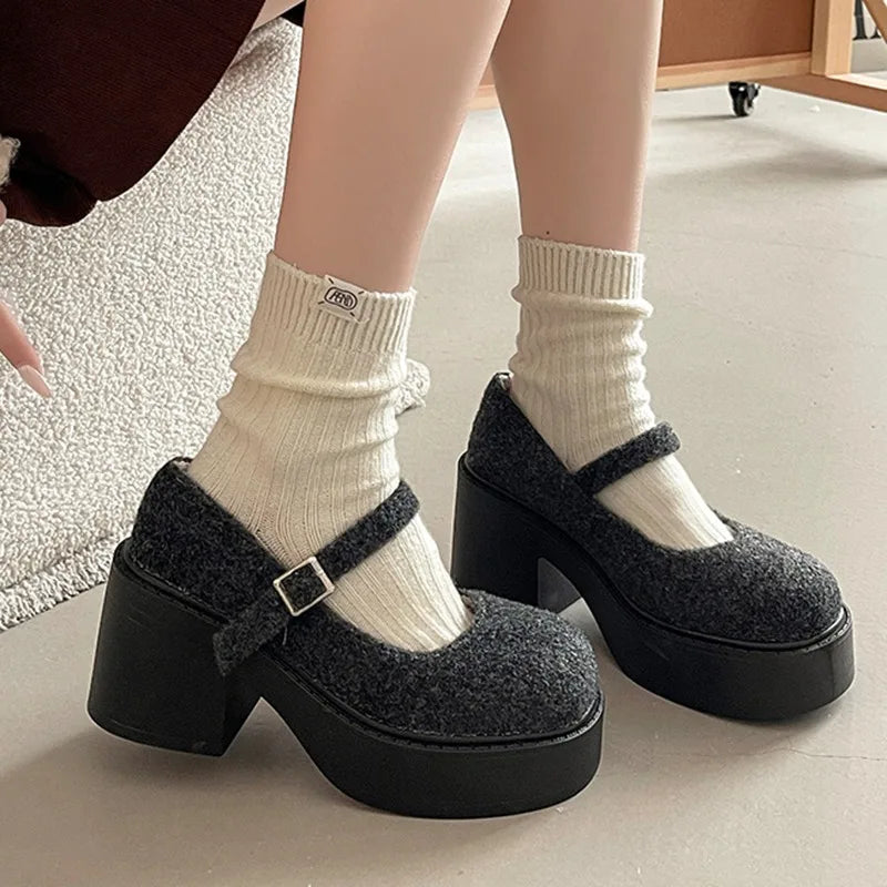 Women's Faux Suede Chunky Heel Pumps – Buckle Strap