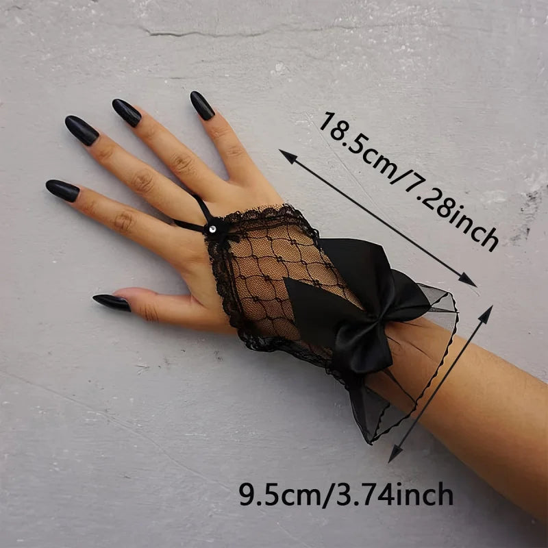 Y2K Punk Fingerless Gloves with Bow & Lace – Women's