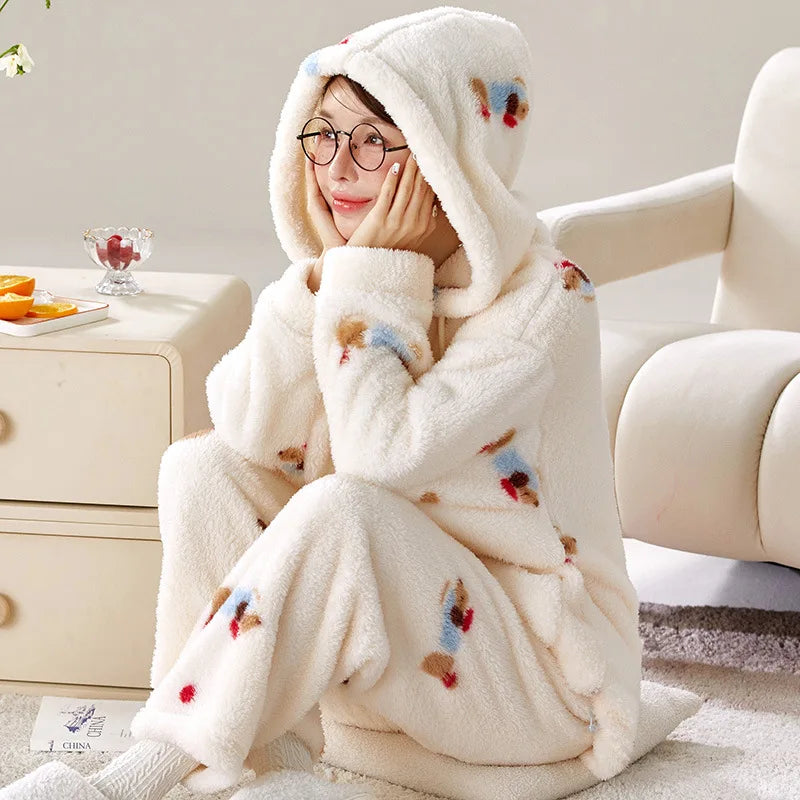 Women's Hooded Cartoon Pajama Set – Warm Fleece 2-Piece Homewear
