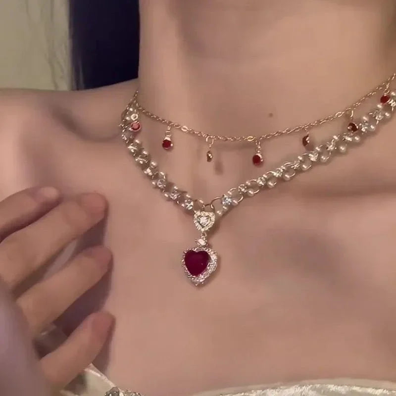 Red Heart Pearl Double-Layer Necklace | Collarbone Chain