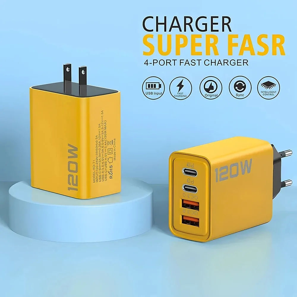 4-Port 120W USB-C PD Wall Charger | Quick Charge 3.0 Fast Charge