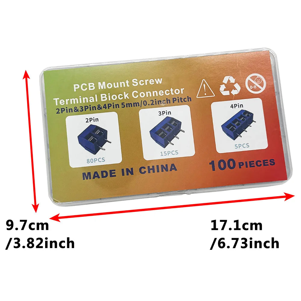 100PCS KF301 PCB Screw Terminal Block Kit 2P 3P 4P 5.08mm