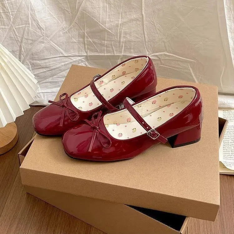 Women's Patent Mary Jane Shoes – Butterfly-Knot Block Heel