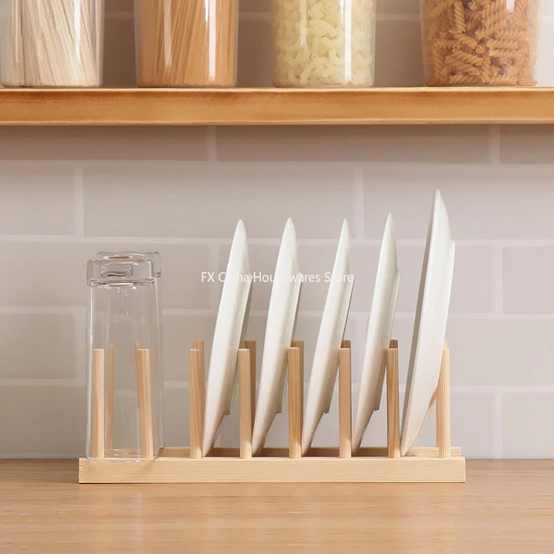 Plate Storage Rack Multifunctional Wooden Dish Cup Pot Lid Drain