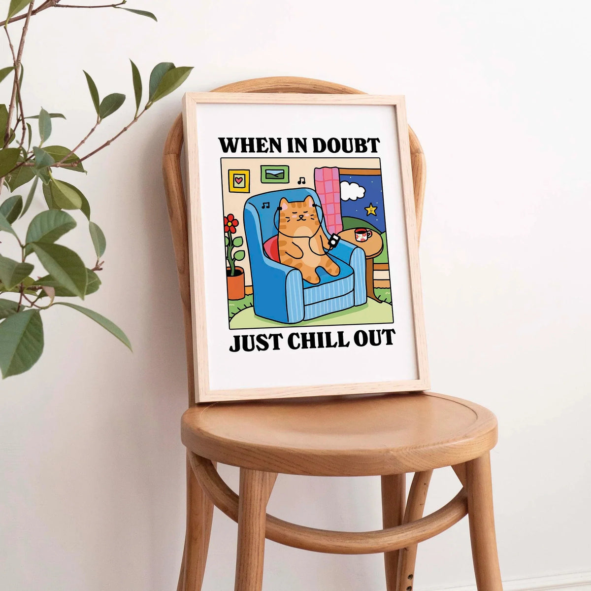 "When In Doubt, Chill Out" Cartoon Cat Canvas Wall Art Print