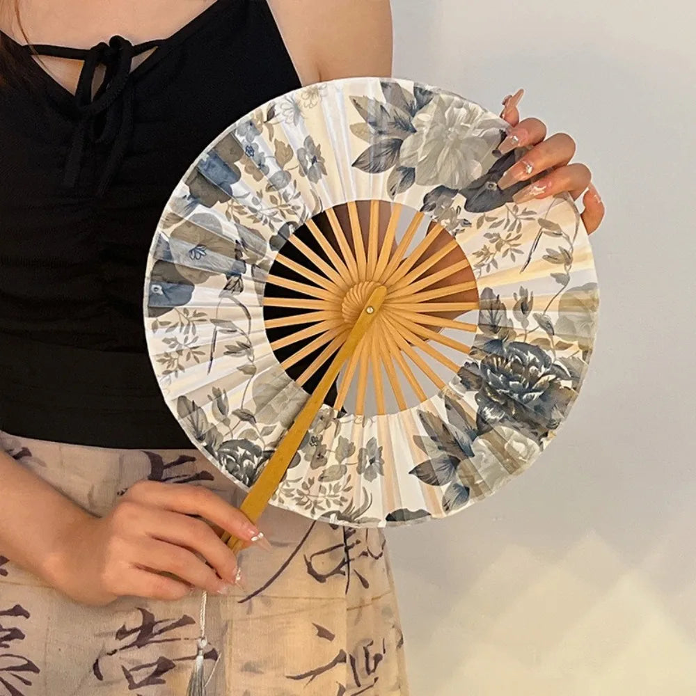 Chinese Hand Fold Fan Silk Bamboo Flower Folding Dance Props Tassel