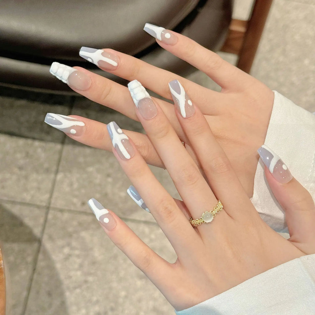 Geometric Press-On Nails | Long Coffin Ballet French Tips