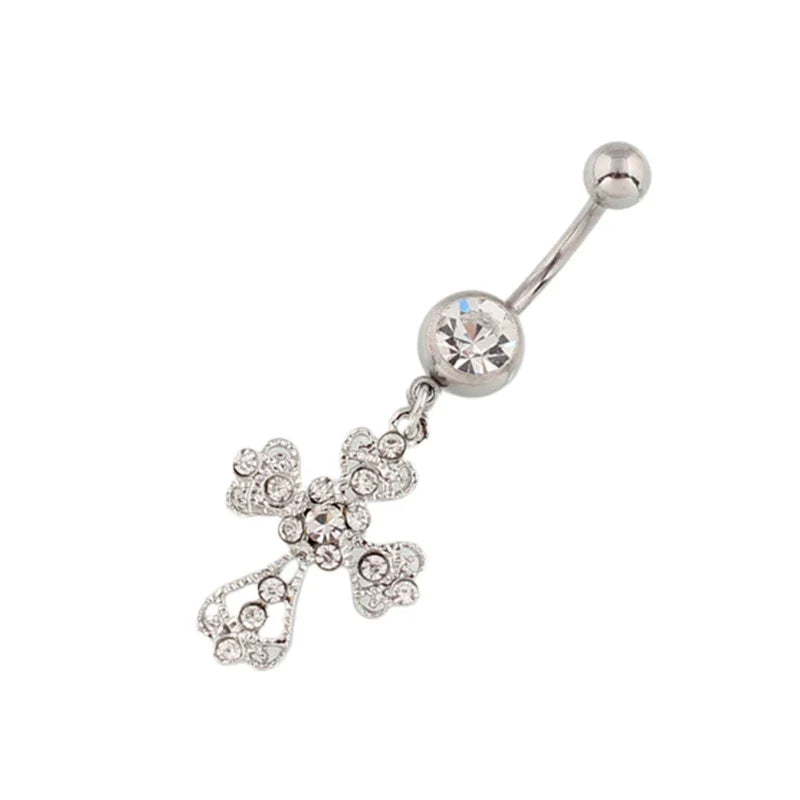 Crystal Rhinestone Cross Belly Button Ring – Stainless Steel