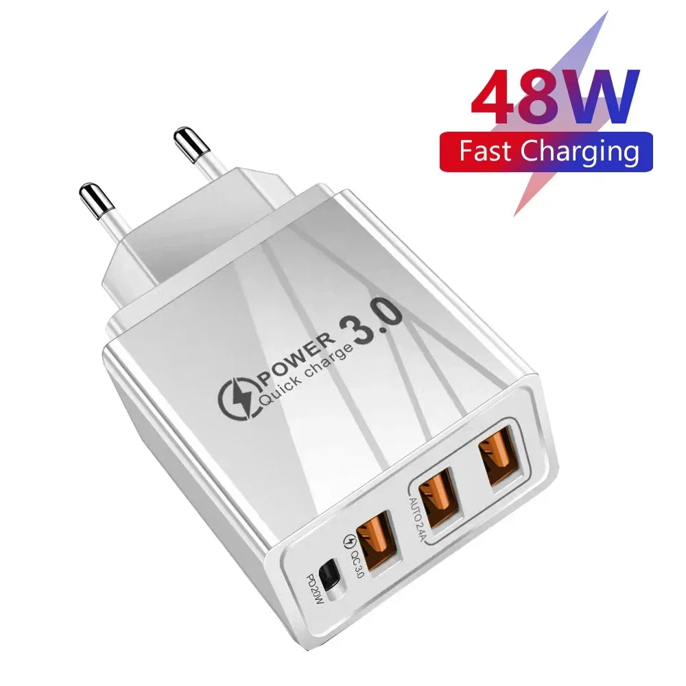 48W USB-C PD Fast Charger QC 3.0 | 4-Port EU/US Wall Adapter