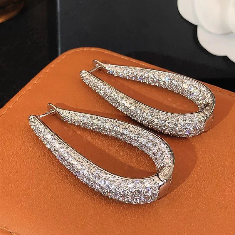 Huitan CZ Geometric Oval Hoop Earrings | Luxury Women's Jewelry