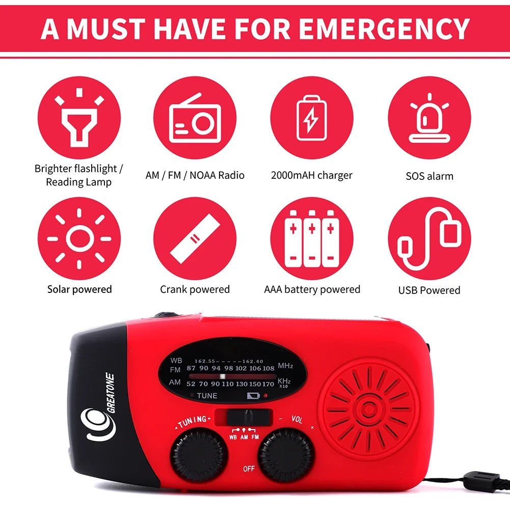 Solar Hand Crank Emergency Radio AM/FM/NOAA + USB Charger