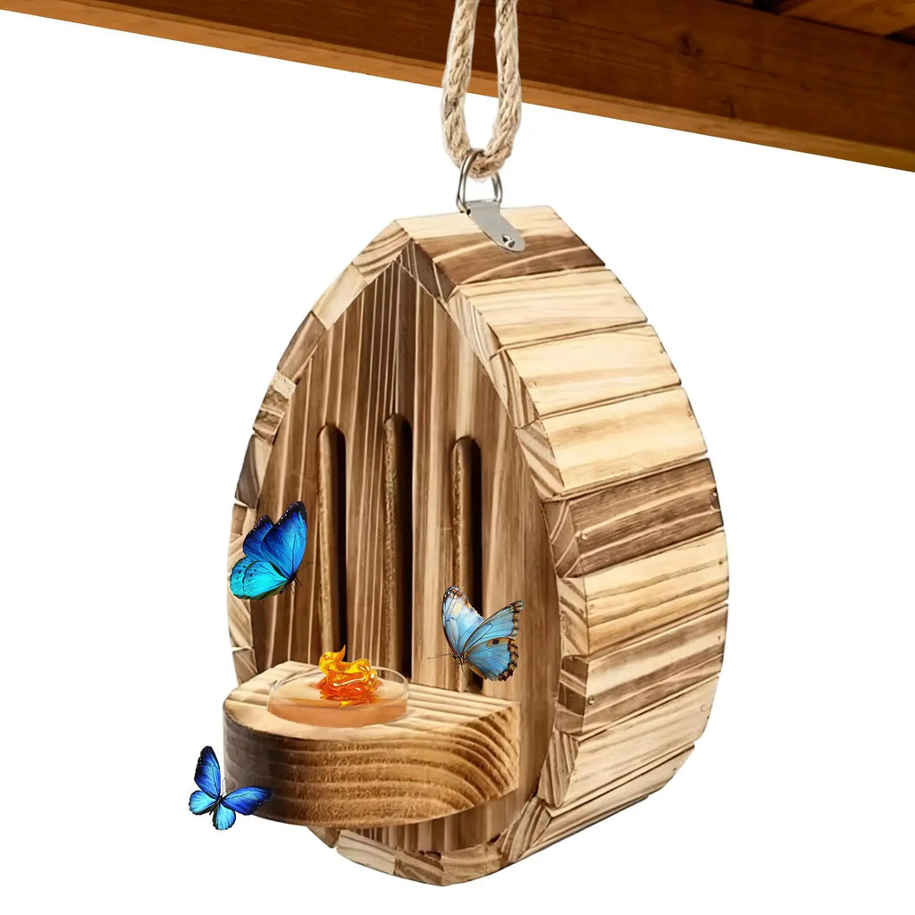 Wooden Butterfly House Natural Teardrop-shaped Shelter Feeder Nesting