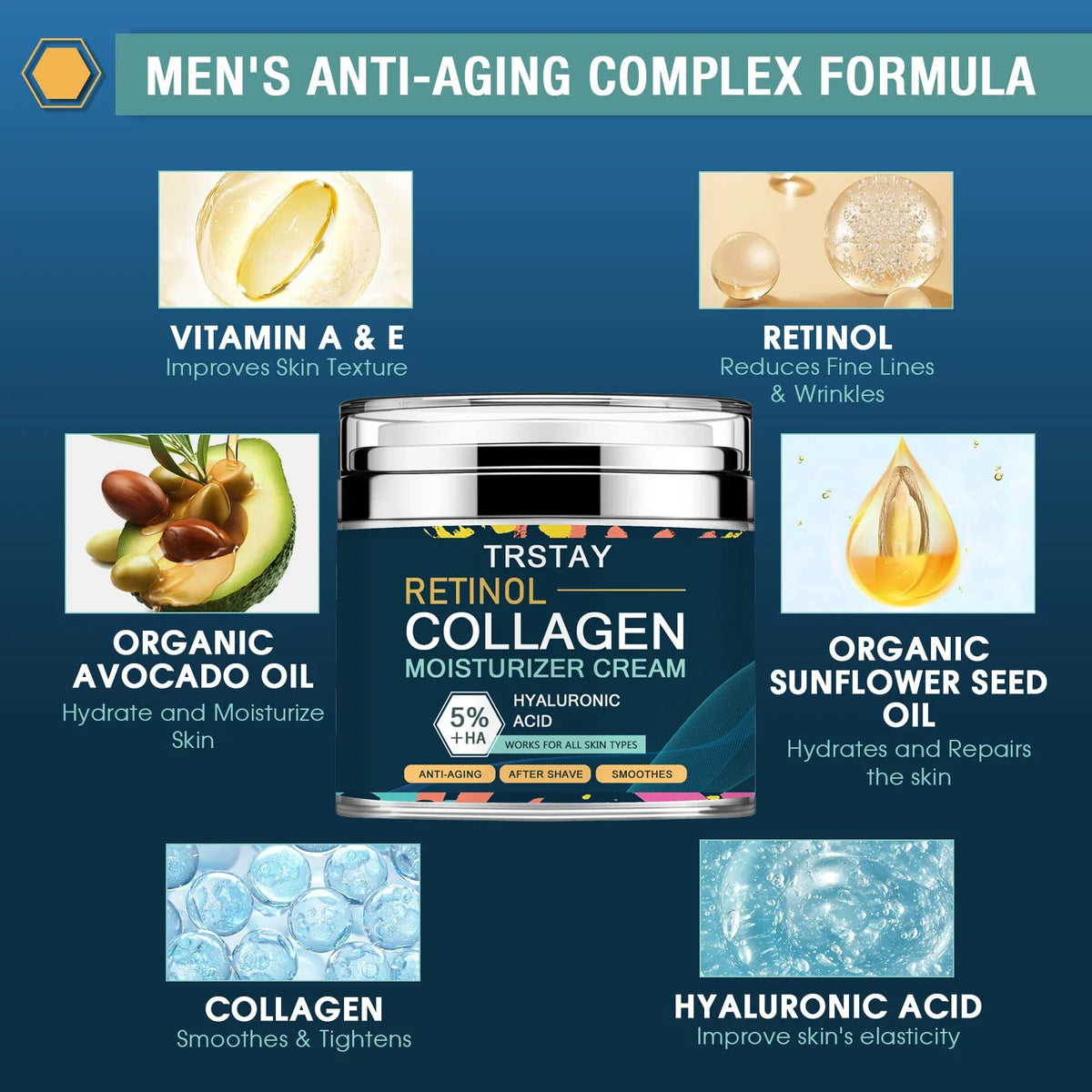 Mens Face Moisturizer Cream Collagen Hyaluronic Acid Day Night