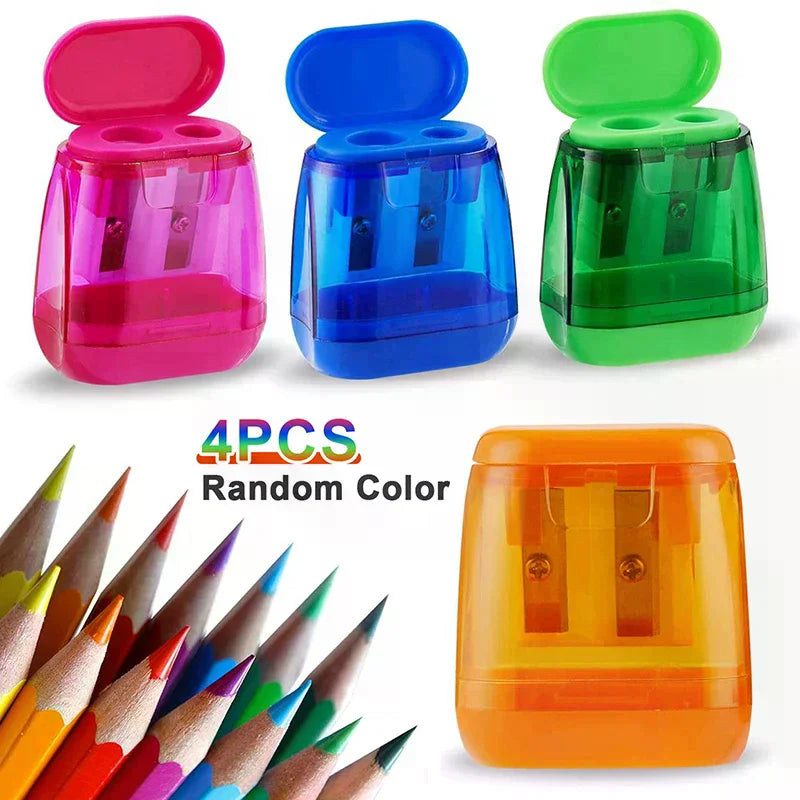 4-Pack Dual-Hole Pencil Sharpeners with Lid & Shavings Container