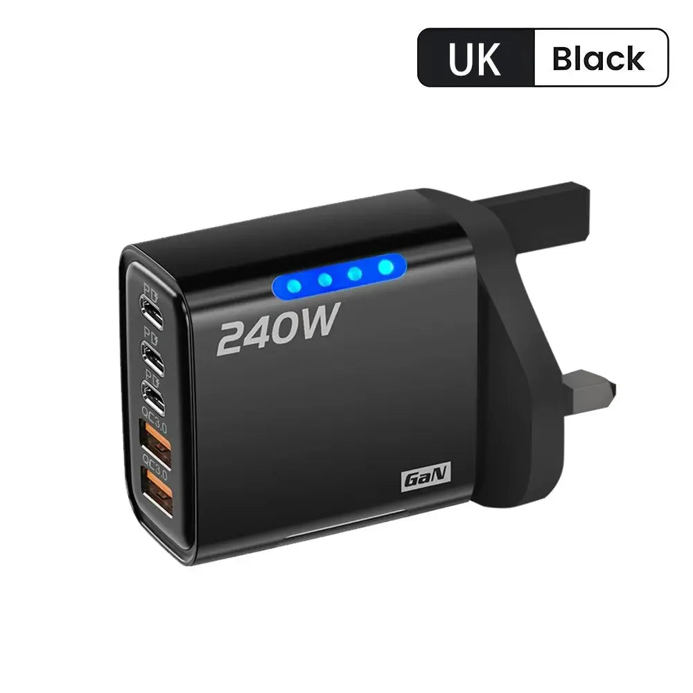 240W GaN 5-Port USB-C Fast Charger PD & QC 3.0 Wall Adapter
