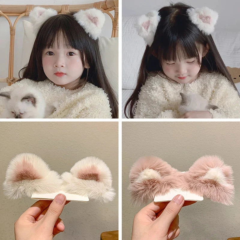 Girls Fluffy Cat Ear Hairpin – Cute Cartoon Bang Clip