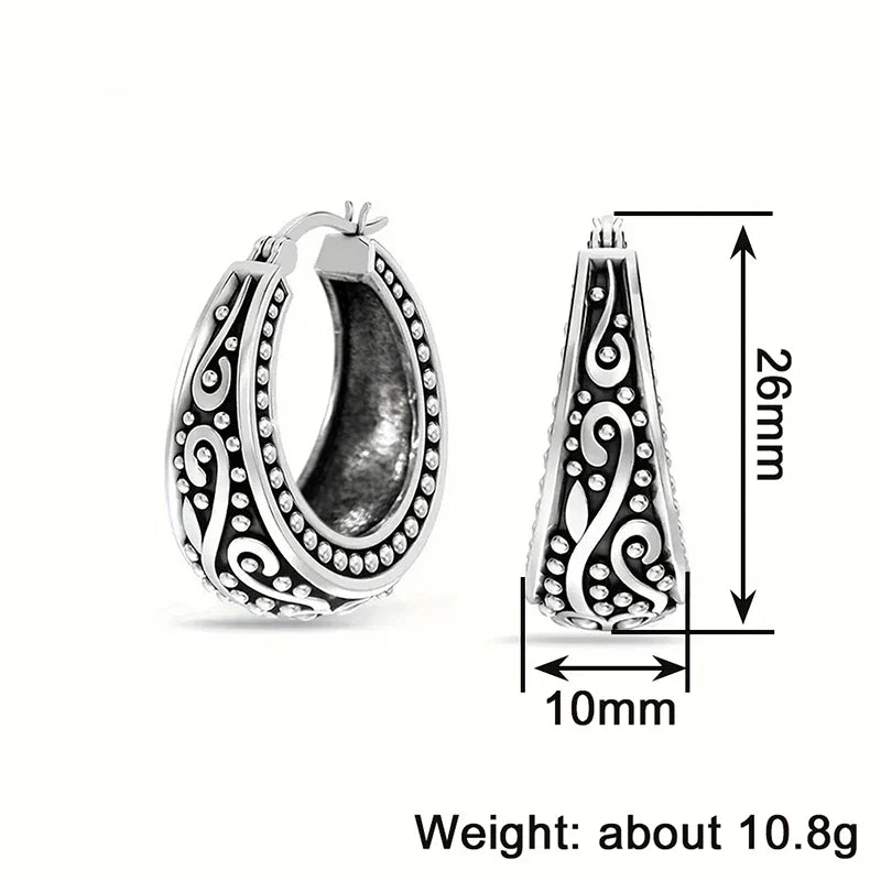 Huitan Antique Silver Geometric Hoop Earrings | Vintage Women