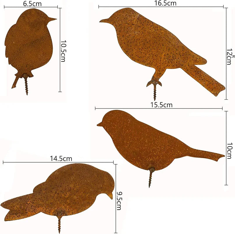4-Piece Rusty Metal Bird Silhouette Ornaments | Garden Fence Decor