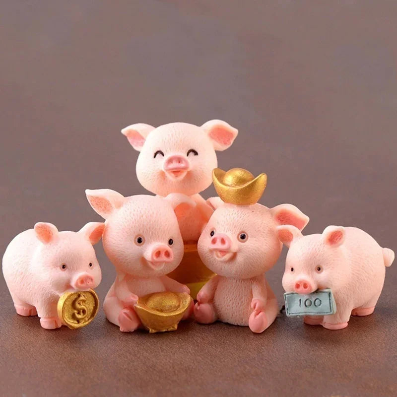 Mini Pig Family Resin Figurines – 5pc Miniature Garden Decor