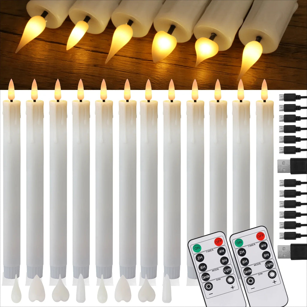 12 LED Rechargeable Flameless Taper Candle Battery Operated Remote