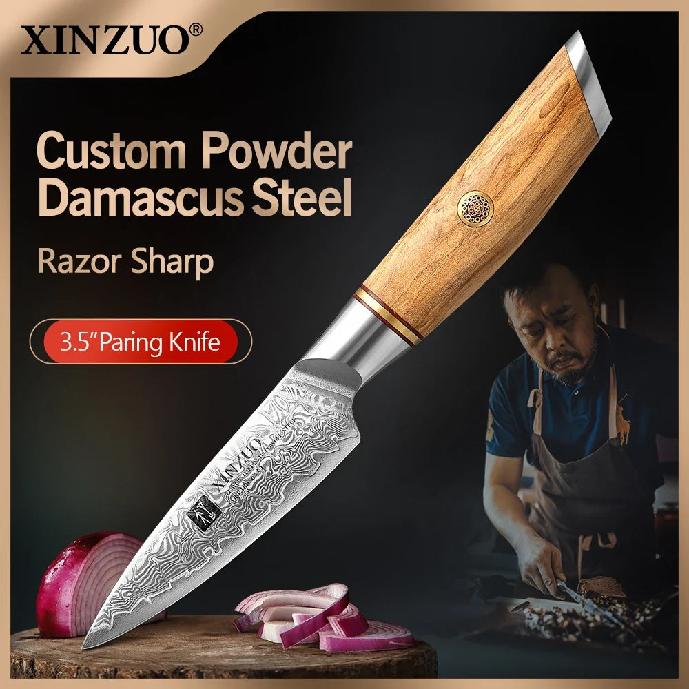 XINZUO 3.5" Damascus Steel Paring Knife – VG10 Core, Olive Wood