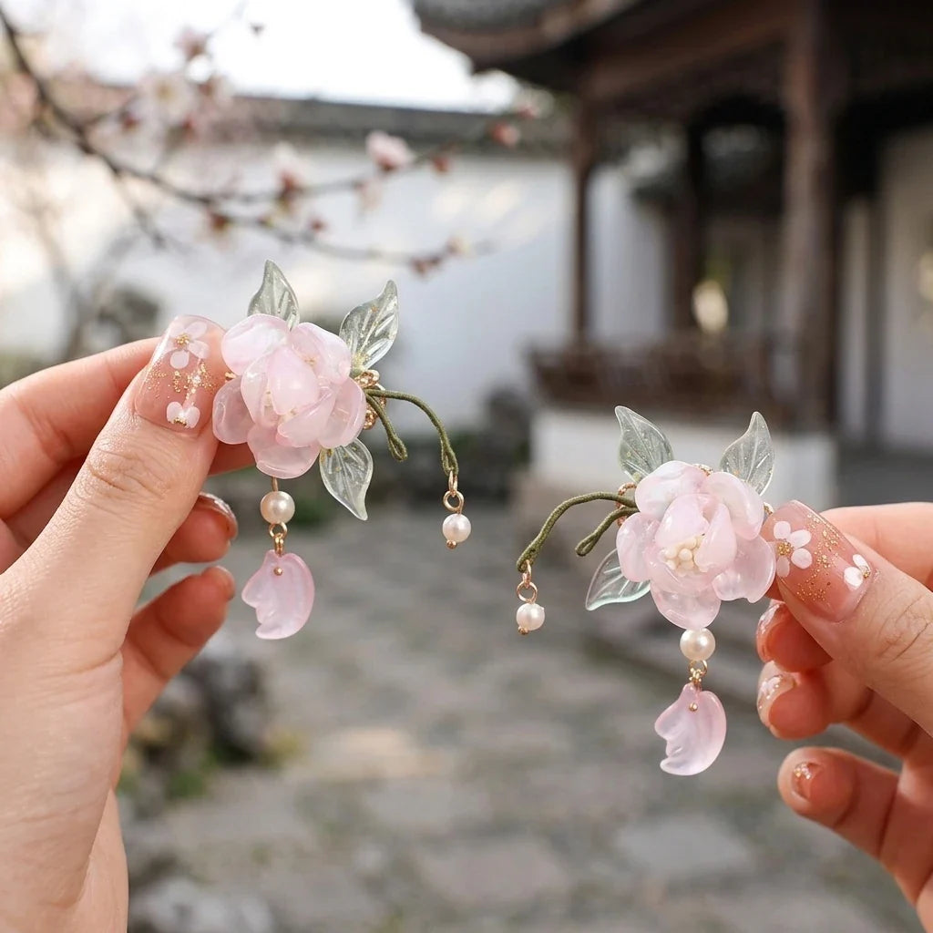 Vintage Pink Glass Flower Hair Clips for Girls – Set of 2